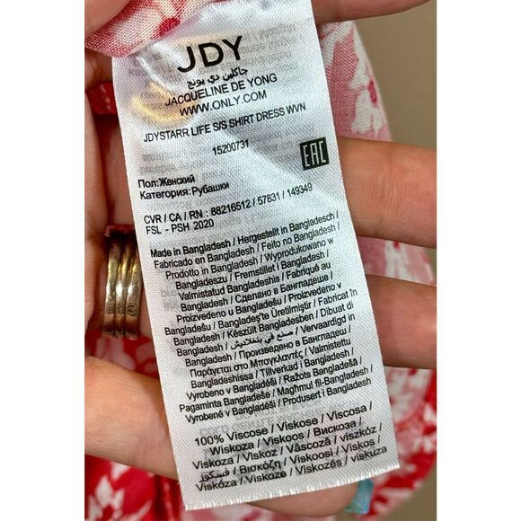 Jaquelin De Yong Red White Lightweight Front Button Up Waisted Tie Floral Dress - Picture 4 of 8